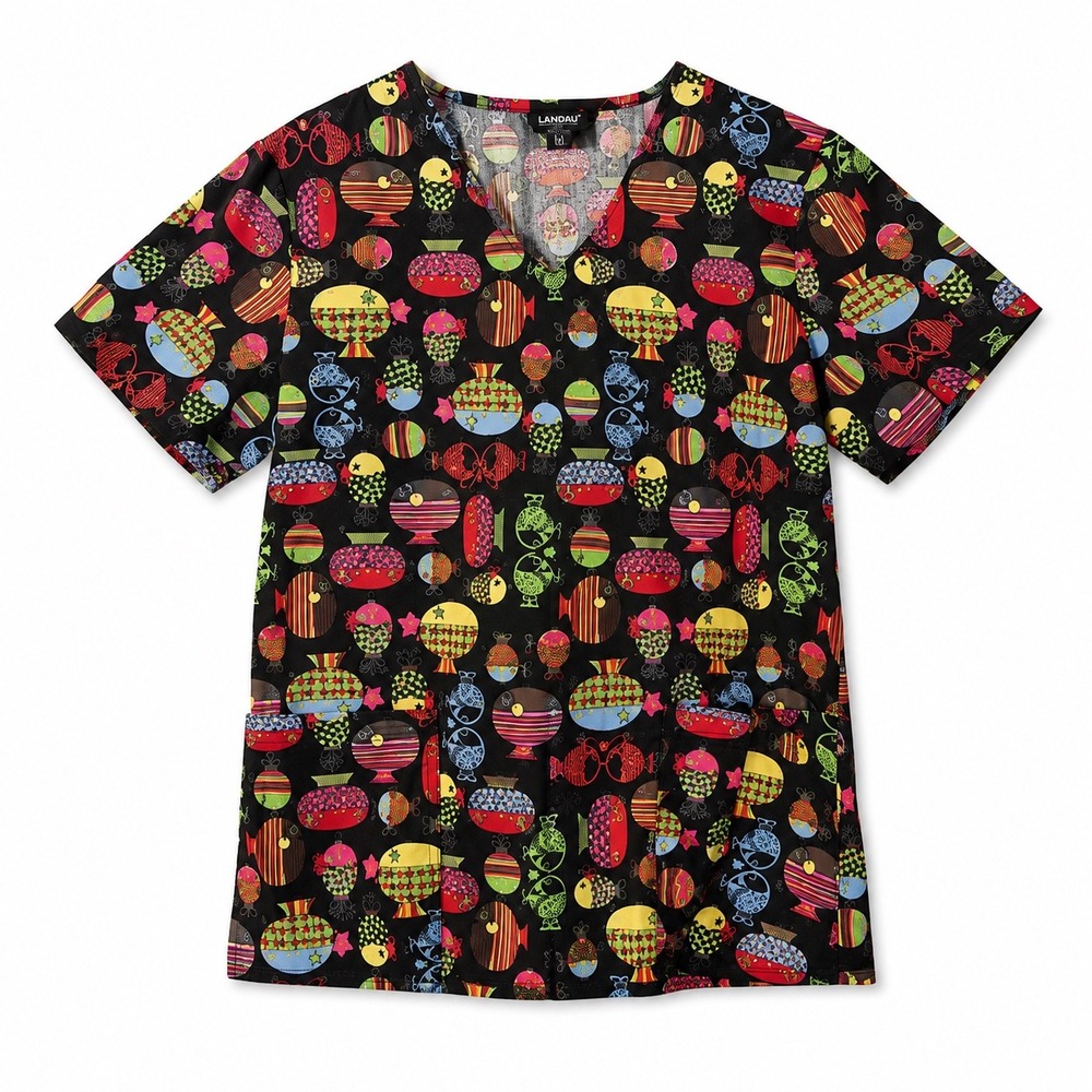 Zoe + Chloe Scrub Top Small Black Multi Color Fish Print V-Neck Short Sleeve